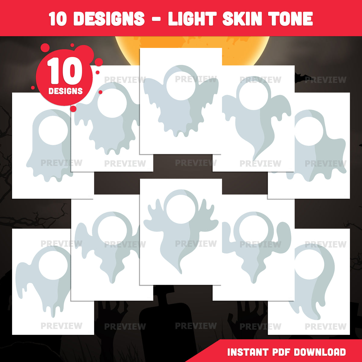 Halloween Ghost Body Templates, Photo Craft for Kids, Add Your Own Face, Halloween Activity, 10 Unique Designs, PDF + PNG Files, Coloring Version Included, 300 DPI
