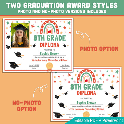 Editable 8th Grade Graduation Diploma & Certificate Set, Retro Rainbow Stars Theme, 8.5x11 Awards, Photo and No-Photo Options, PDF, PowerPoint