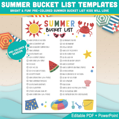 Summer Activity Checklist for Children: Editable Bucket List & Goals Planner PDF and PowerPoint Templates – Fun Black & White Pages Included