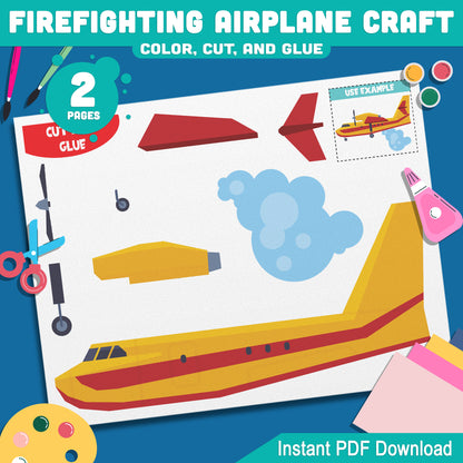 Firefighting Rescue Airplane Craft: Engaging DIY Activity for Kids, Ideal for Color, Cut, and Glue Projects at Home or School, Instant PDF Download