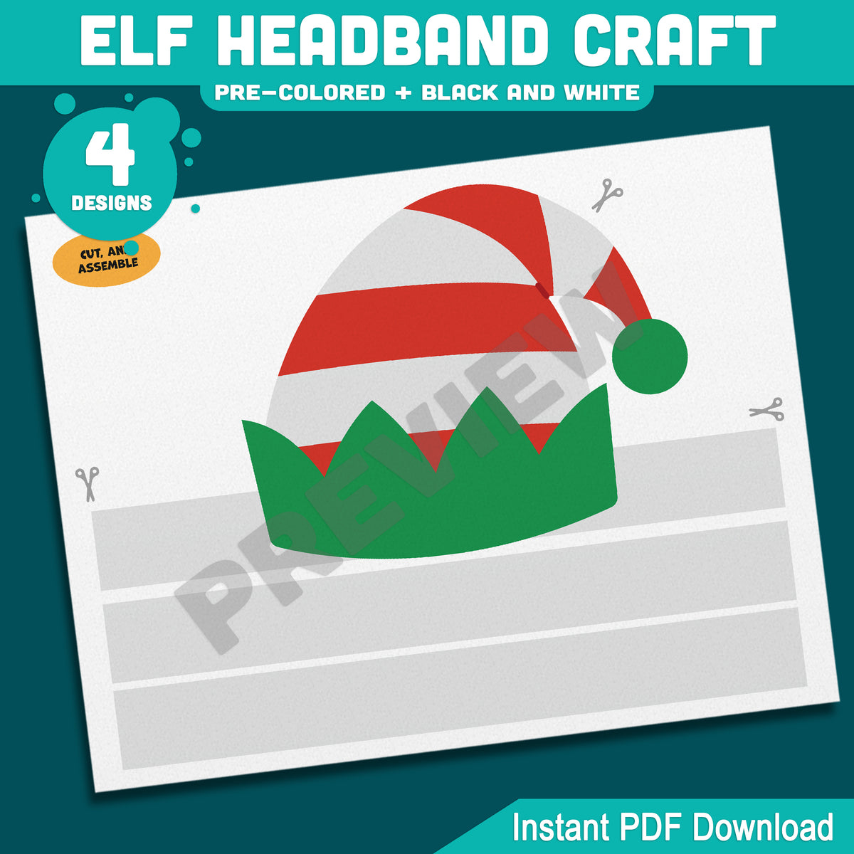 Elf Headband Craft, Holiday Coloring Activity for Kids, Cut and Assemble Paper Hat