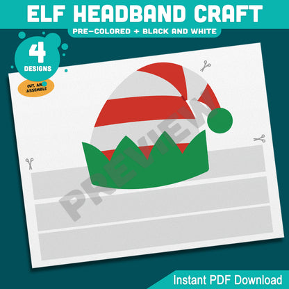 Elf Headband Craft, Holiday Coloring Activity for Kids, Cut and Assemble Paper Hat