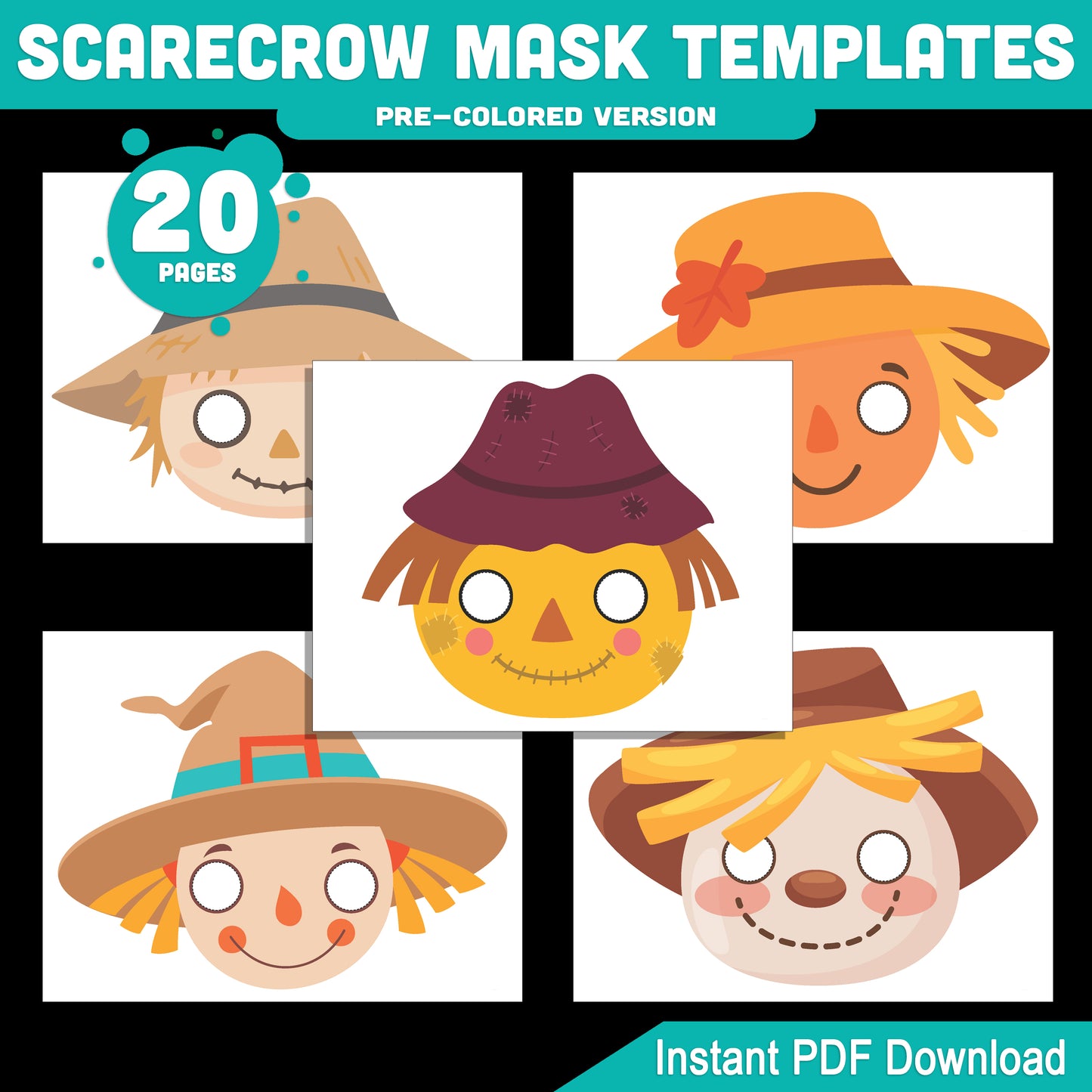 Scarecrow Mask Templates for Kids: 10 Printable Designs, 20 Pages, Pre-Colored + Black and White, Great for Classroom or Home Crafts, PDF Download