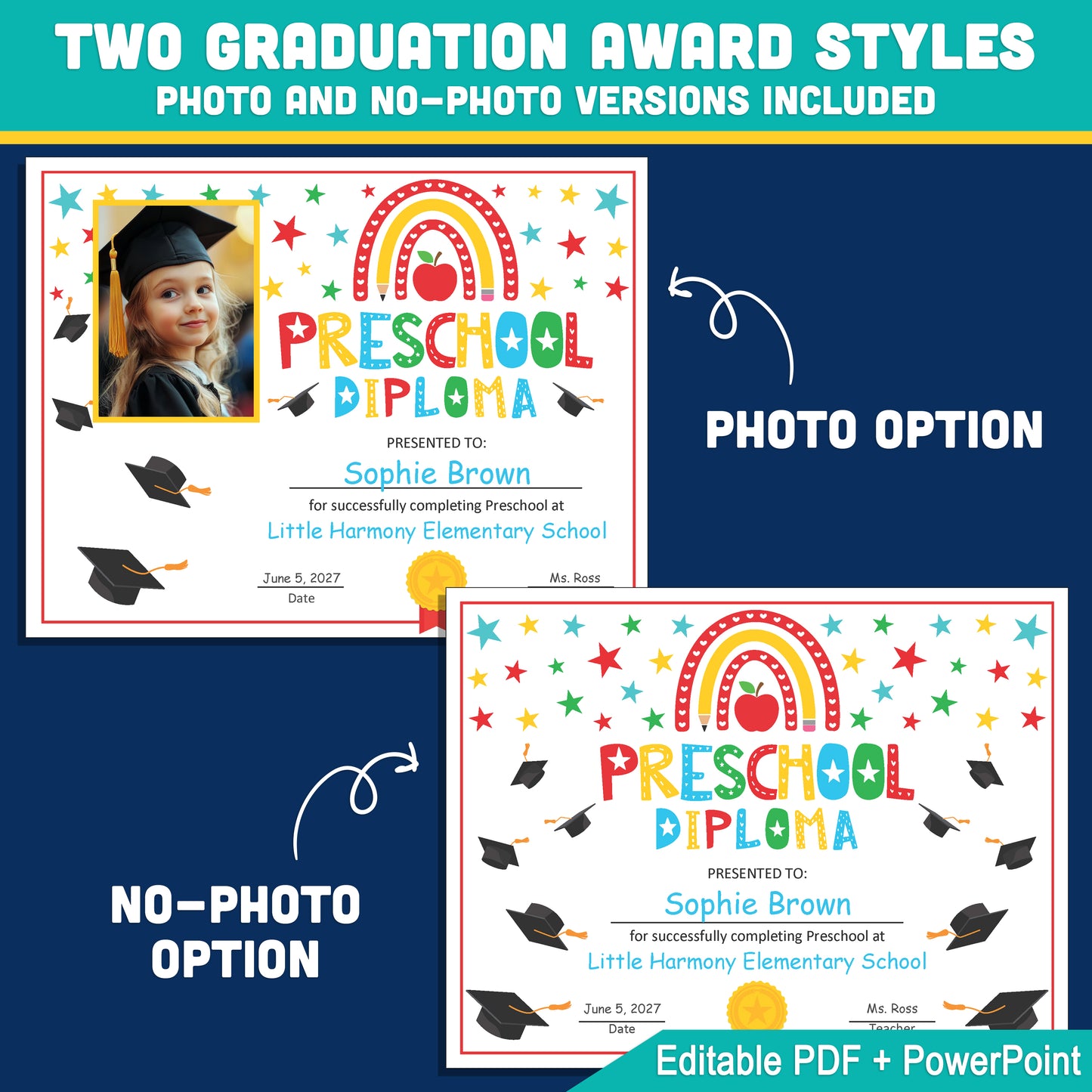 Editable Preschool Graduation Diploma & Certificate Set, Printable Awards with Student Photo Option, Rainbow Stars Theme, Edit in PDF, PowerPoint, Canva