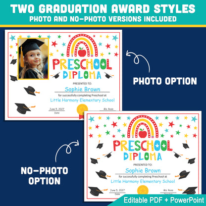 Editable Preschool Graduation Diploma & Certificate Set, Printable Awards with Student Photo Option, Rainbow Stars Theme, Edit in PDF, PowerPoint, Canva