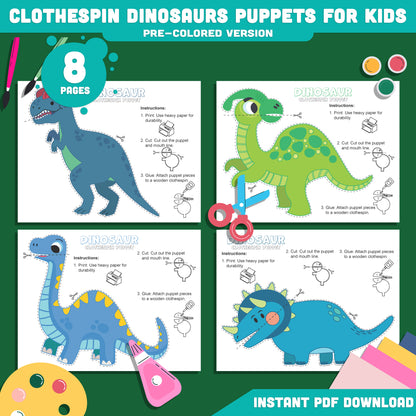 Printable Dinosaur Puppets for Kids, 8-Page Clothespin Craft with 4 Exciting Designs, Pre-Colored and Black & White, Perfect for Playtime Fun, Instant PDF Download