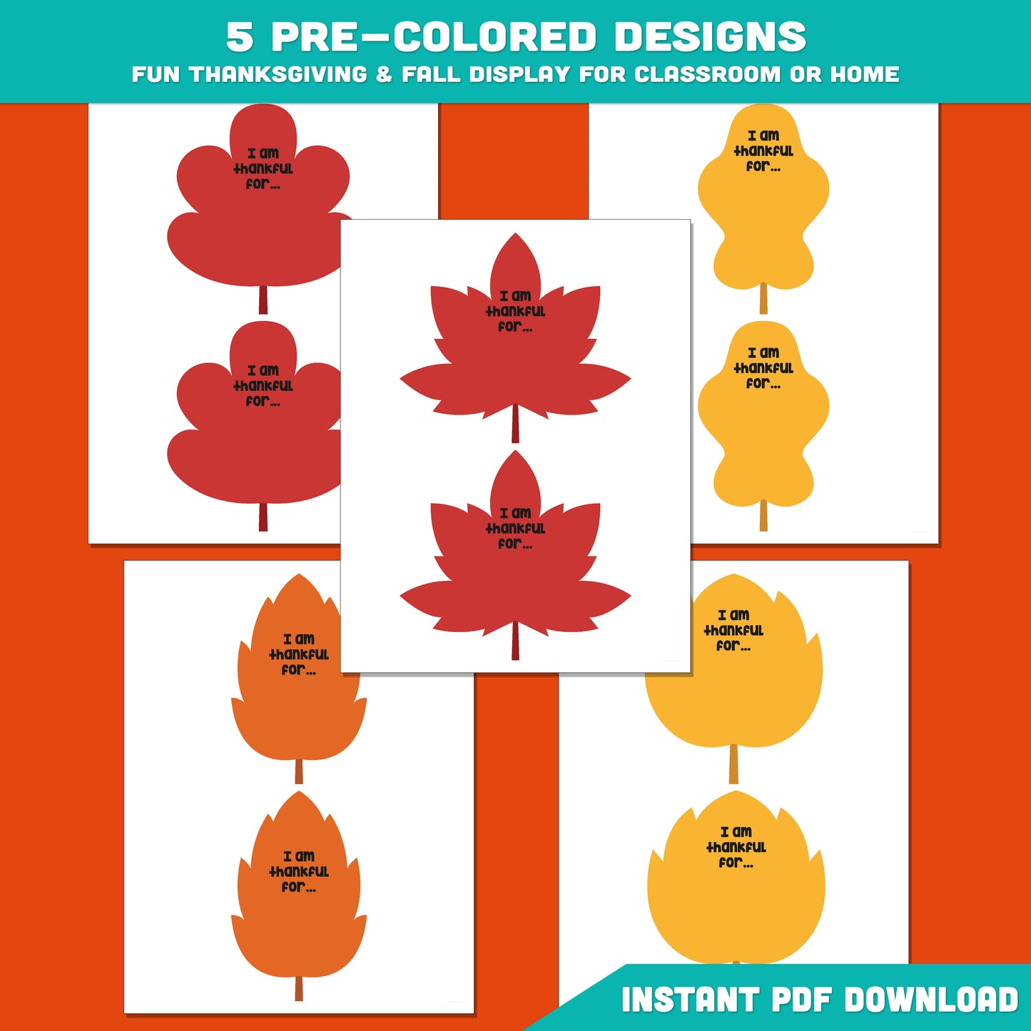 Printable Thankful Leaves Crafts – Thanksgiving Gratitude Activity, Fun Fall & Autumn Classroom Decor, Pre-colored + Black & White Pages, PDF Download