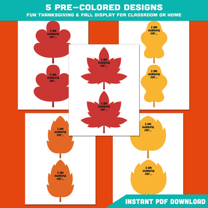 Printable Thankful Leaves Crafts – Thanksgiving Gratitude Activity, Fun Fall & Autumn Classroom Decor, Pre-colored + Black & White Pages, PDF Download
