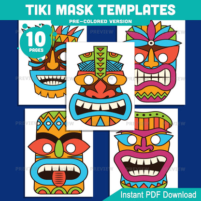 Tiki Mask Templates – Tropical Tribal Mask Printable Set, Paper Mask Craft with Extra-Thick Bold Lines, Pre-Colored and Black and White PDF