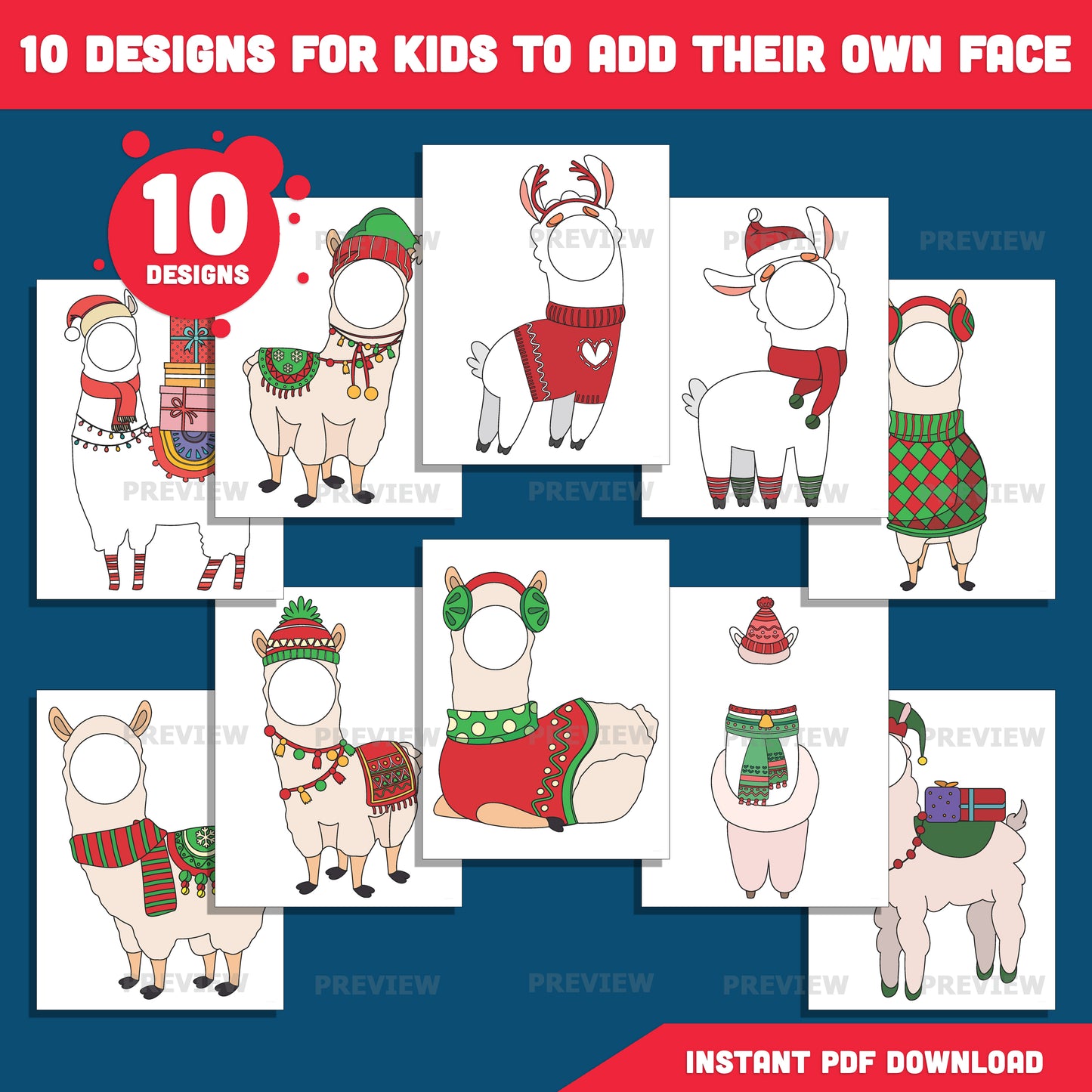 Christmas Llama Body Templates, Add Your Own Face Christmas Llama Crafts, Winter Body Templates with Coloring Version Included, High-Resolution PDF + PNG