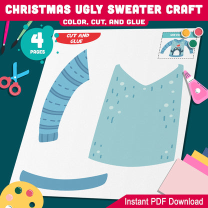 Christmas Craft Template: Create Ugly Sweaters with Color, Cut, and Glue Activity for Kids in PreK-2nd Grade, Easy PDF Download Today!