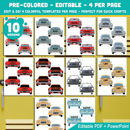 Retro Classic & Vintage Car Name Tags – Editable Locker and Cubby Labels, 10 Designs, PDF + PowerPoint, Instant Download