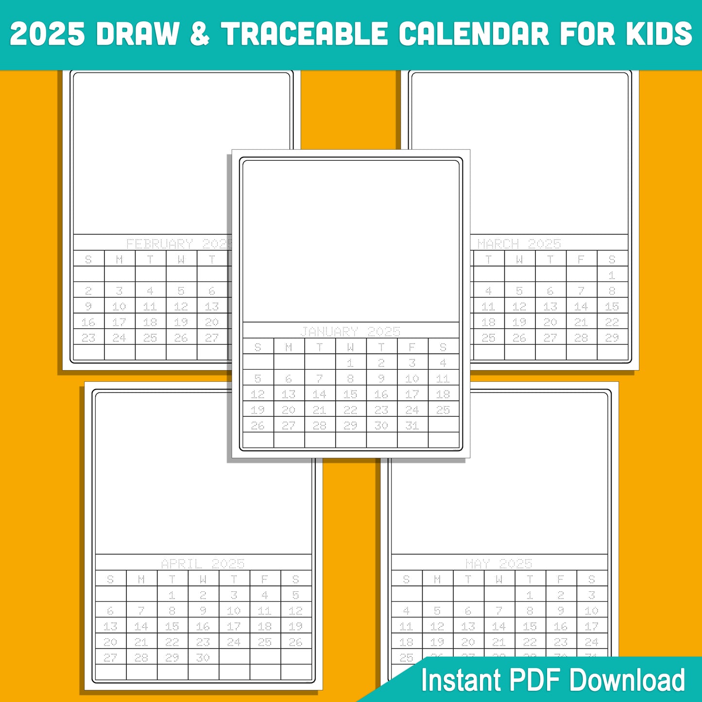 2025 Traceable Calendar for Kids: 12-Month Template to Trace and Draw, Includes Free 12-Month Blank Calendar Template, PDF Instant Download, 8.5x11 Inches