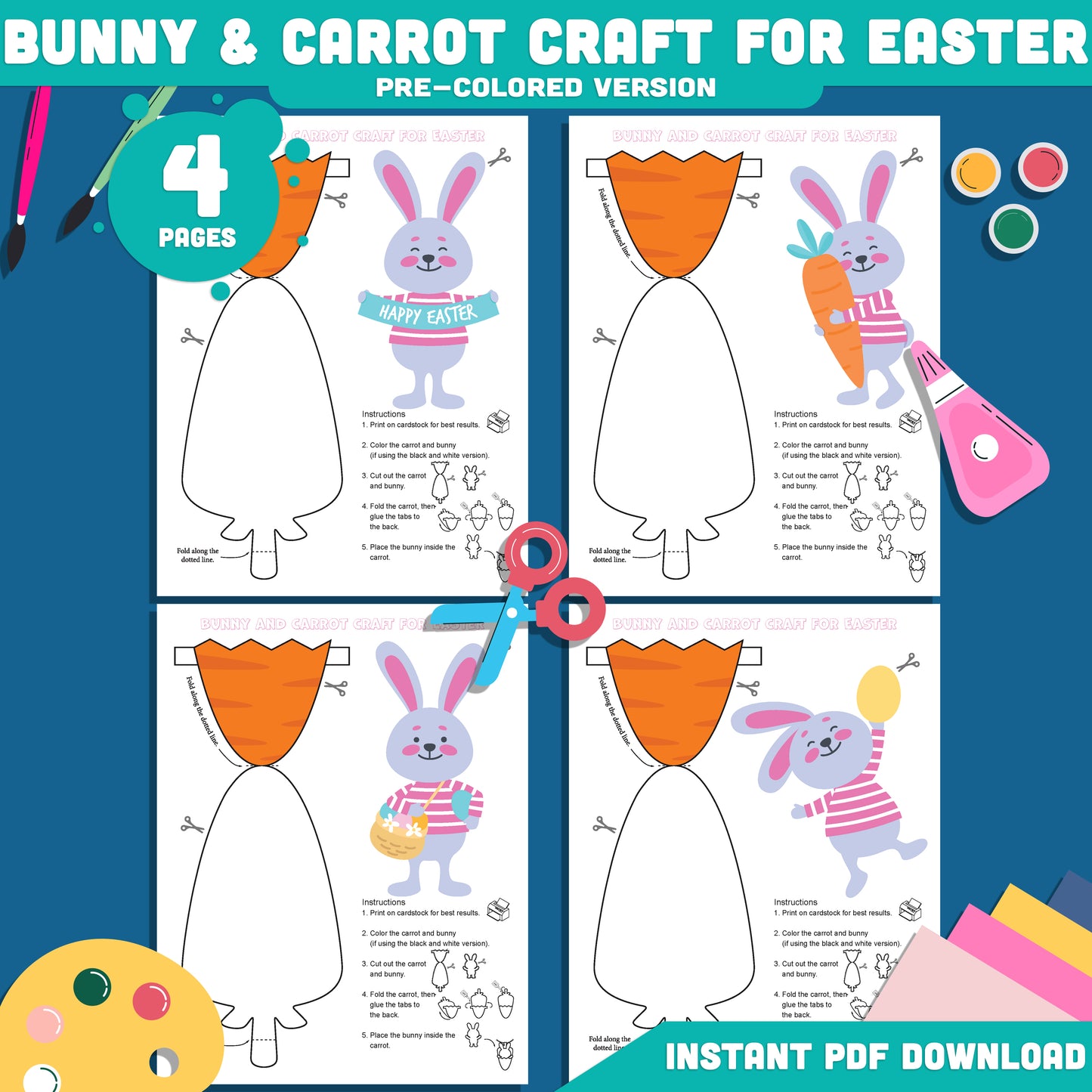 Paper Bunny and Carrot Craft for Easter, Bunny in a Carrot Craft Activity Printable, Spring Cut and Glue Craft Template, 4 Designs, 300 DPI PDF