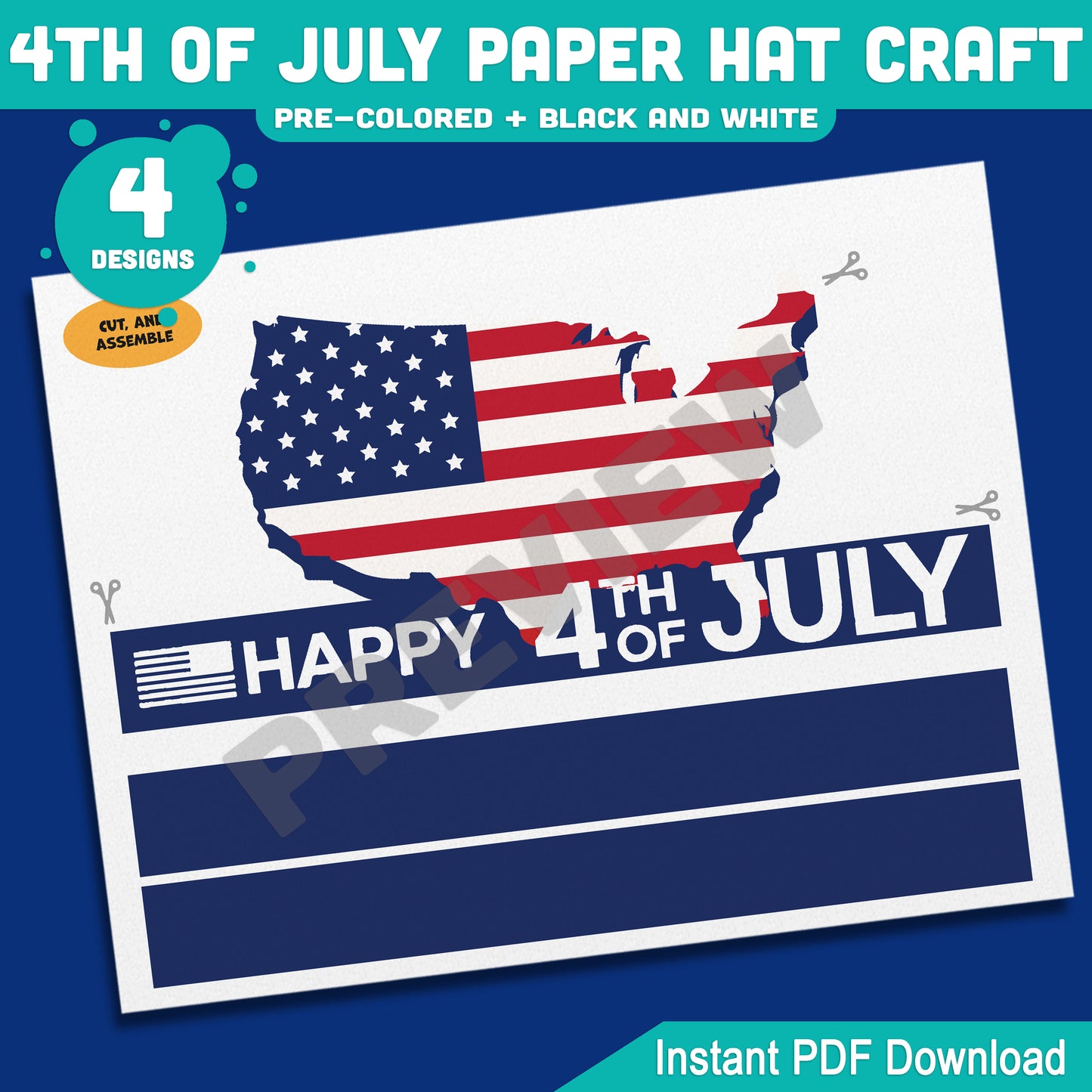 4th of July Paper Hat Craft, Patriotic Wearable Craft Activity for Kids, Printable Independence Day Party Hat Templates
