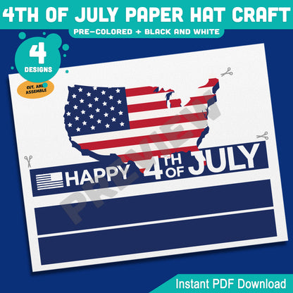 4th of July Paper Hat Craft, Patriotic Wearable Craft Activity for Kids, Printable Independence Day Party Hat Templates