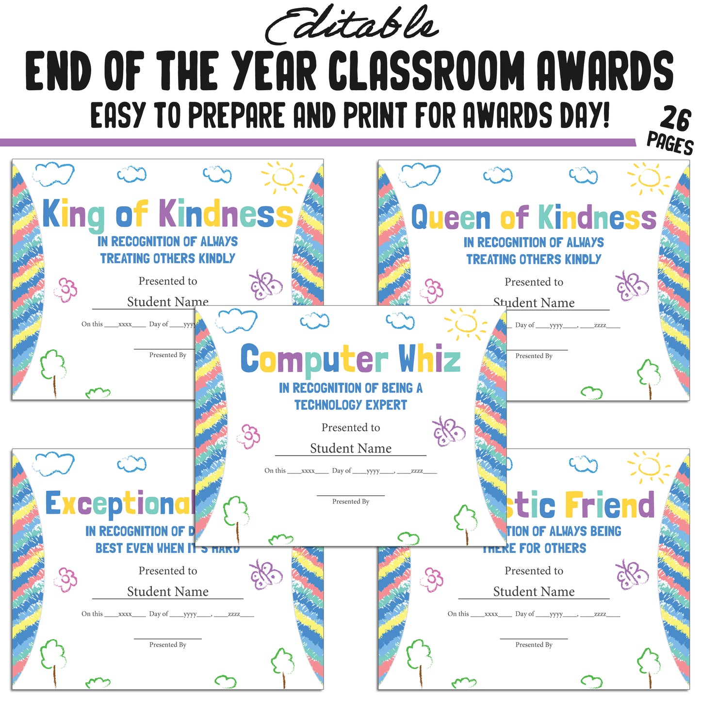 Editable End of Year Awards for Students, 26 Pages, PDF, Instant Download – Perfect for Classroom and Student Achievements