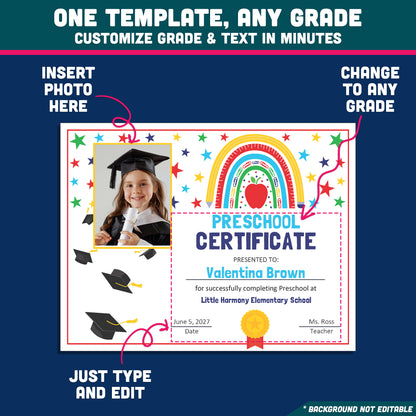 Certificate of Achievement, Printable Rainbow School Awards, Photo and No-Photo Options, PDF and PowerPoint Templates