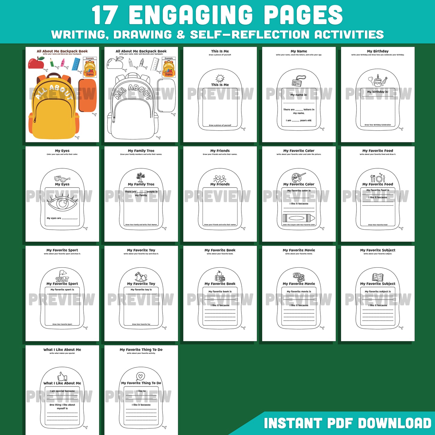 All About Me Backpack Book Craft, Back to School Worksheet, Writing & Craft Activity, 17 Page Student Printable, PDF Download