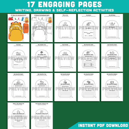 All About Me Backpack Book Craft, Back to School Worksheet, Writing & Craft Activity, 17 Page Student Printable, PDF Download
