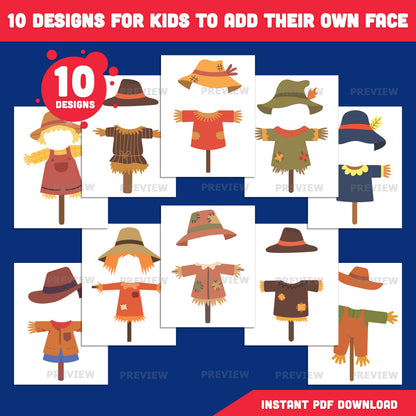 Scarecrow Body Templates, Autumn Add Your Own Face Craft, PDF + PNG Files, Coloring Version Included, Fall Classroom Activity, 10 Unique Designs