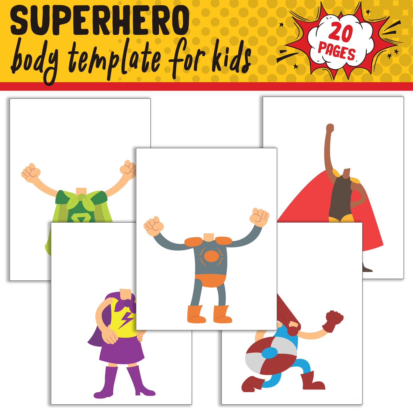 Superhero Body Template Set with Customizable Faces, 20 Pages, PDF, Instant Download for Kids (PreK to 6th Grade)