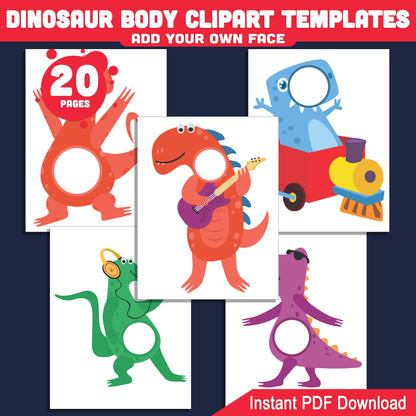 Dinosaur Body Clipart Templates: Add Your Photo Face for a Fun Dino-Themed Craft, 20 Printable Cutouts for Kids’ DIY Art Activity, PDF Instant Download
