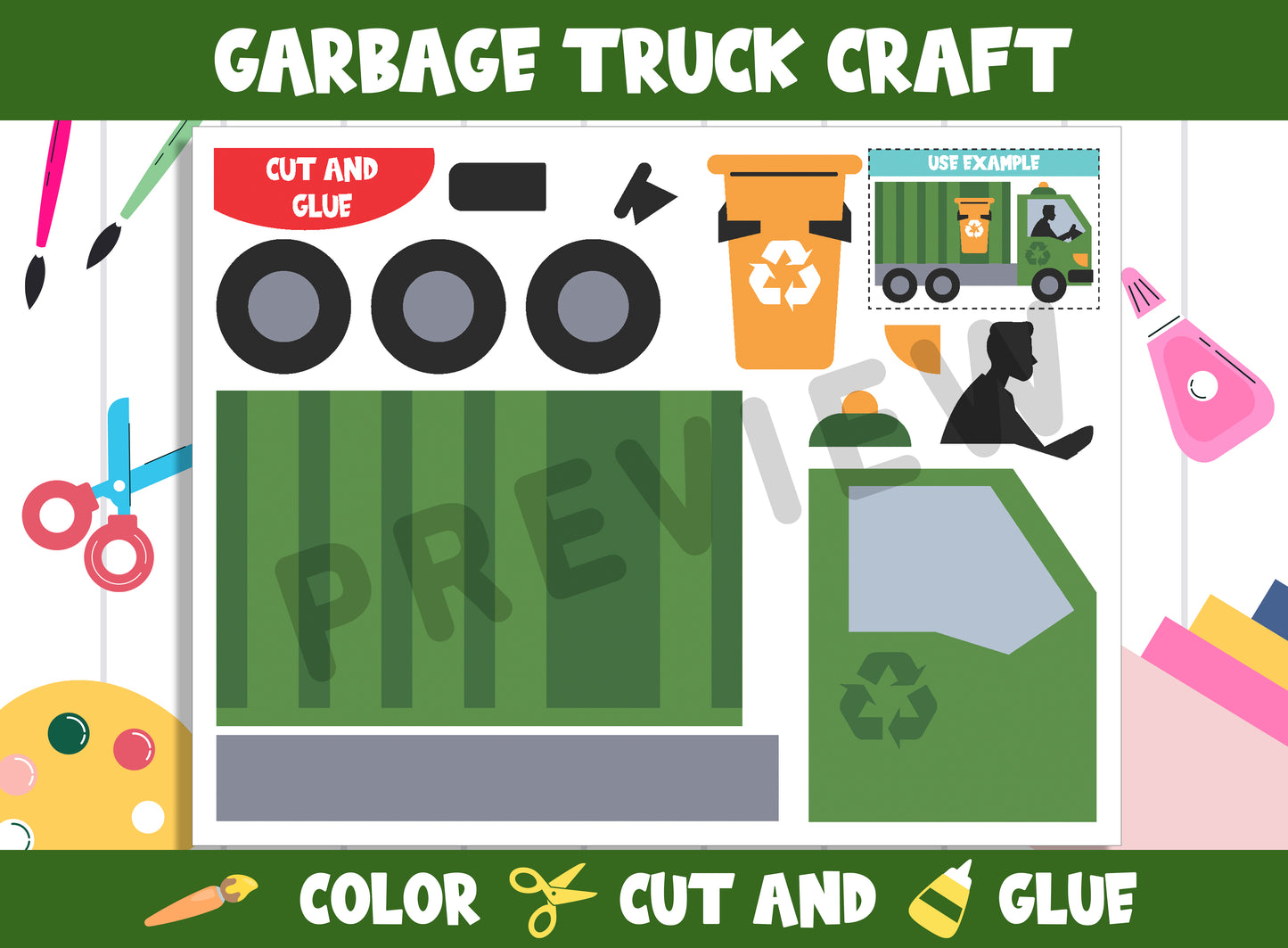 Garbage Truck Craft Activity - Color, Cut, and Glue for PreK to 2nd Grade, PDF File, Instant Download