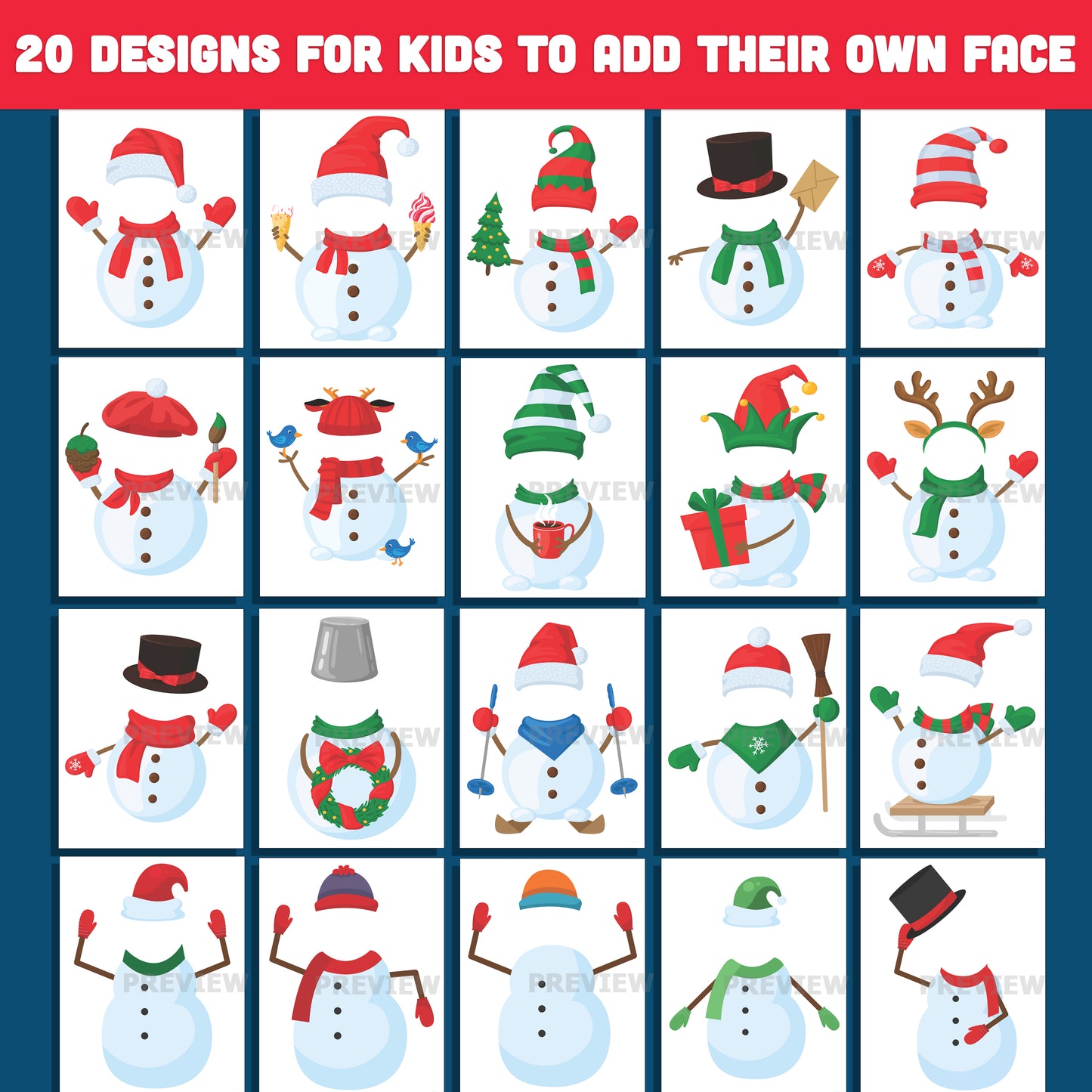 Snowman Add Your Own Face Winter Craft Templates, 20 Designs, High-resolution PDF + PNG Files, Fun Holiday Activity for School, Home, and Winter Events