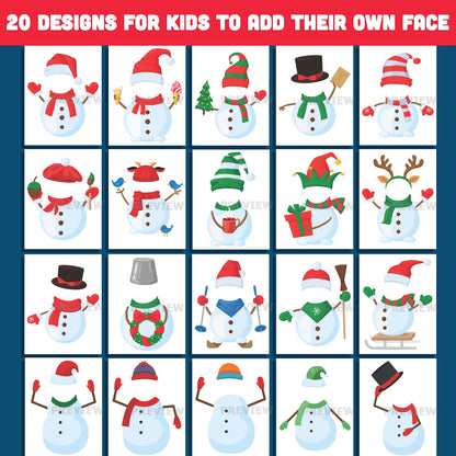 Snowman Add Your Own Face Winter Craft Templates, 20 Designs, High-resolution PDF + PNG Files, Fun Holiday Activity for School, Home, and Winter Events