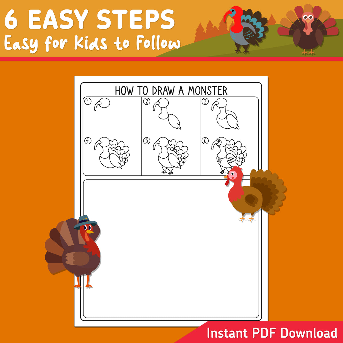 How to Draw a Turkey, Thanksgiving Directed Drawing, 6 Steps + 5 Coloring Pages