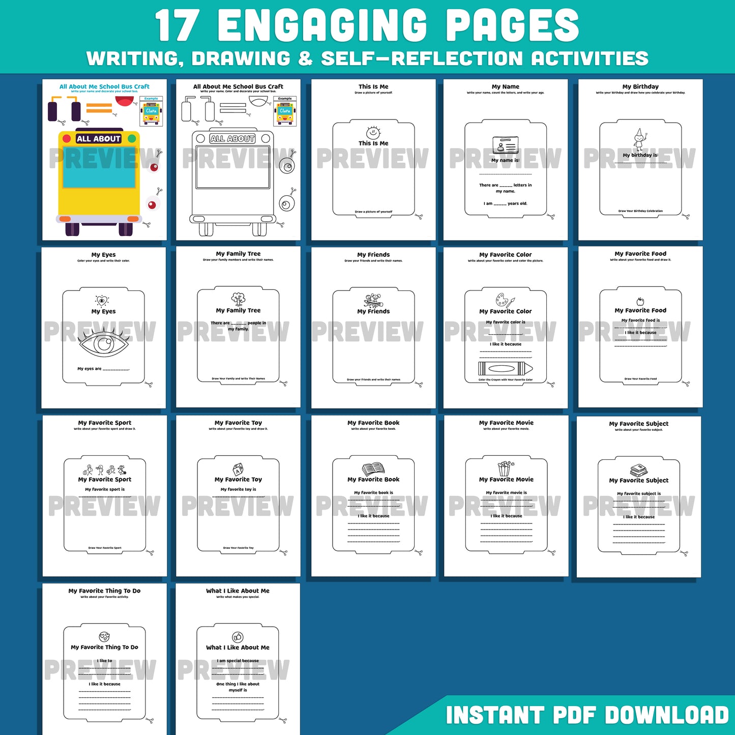 All About Me School Bus Writing Craft, Student Introduction Activity, Beginning of Year Keepsake Book, Instant PDF