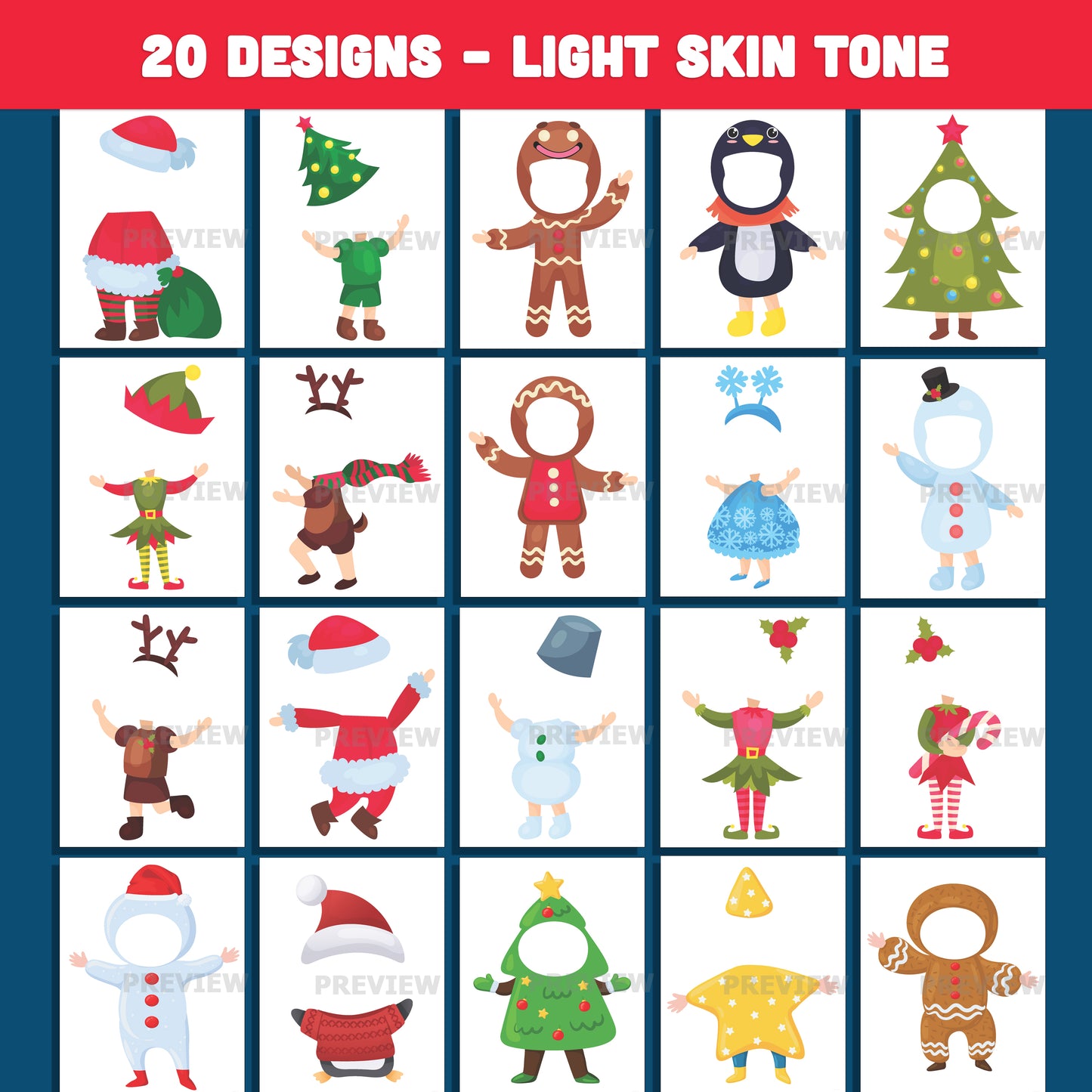 Kids Christmas Cutout Templates – Christmas Body Clipart Templates, 20 unique designs Light + Dark Skin Tone, PDF + PNG for School Arts, Home Crafts & Holiday Displays