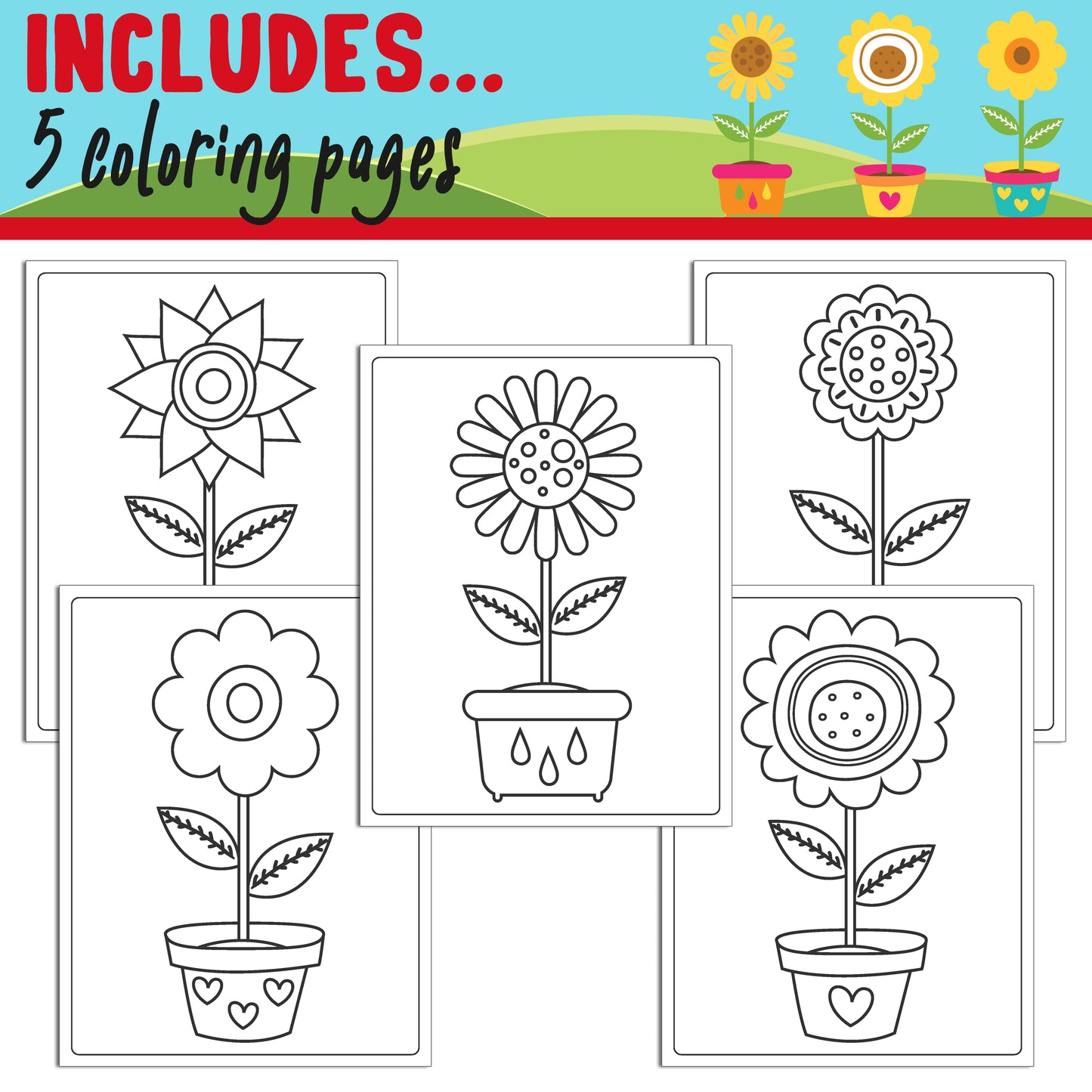 Learn How to Draw a Sunflower: Directed Drawing Step by Step Tutorial, Includes 5 Coloring Pages, PDF File, Instant Download.