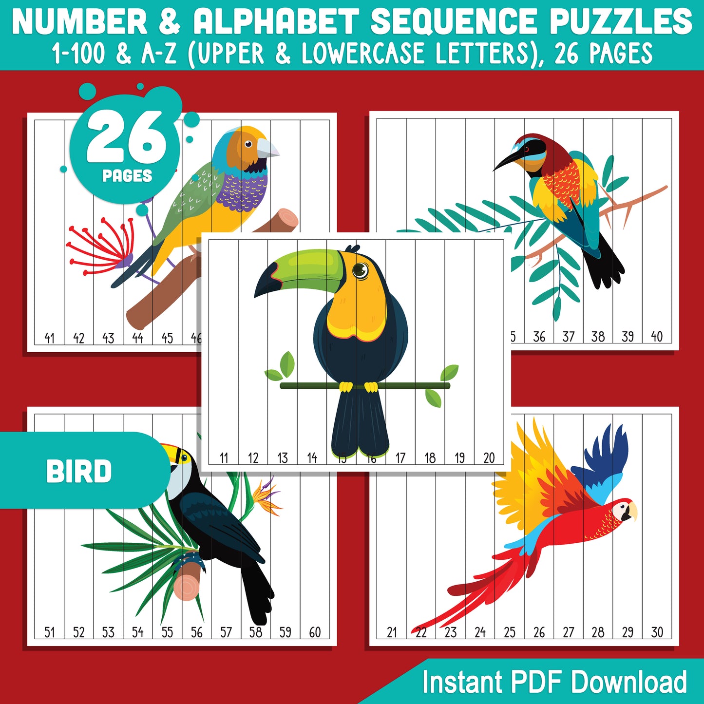 Bird Number and Alphabet Stripe Puzzles: 1-100 Counting and A-Z Sequencing for Toddlers, Preschool, and Kindergarten, Fun for Math Centers, Printable PDF Download