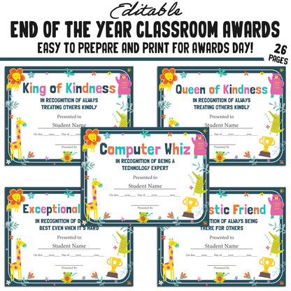 Printable & Editable Class Superlative Fun Classroom Awards for the End of the School Year, 26 Pages, PDF, Instant Download