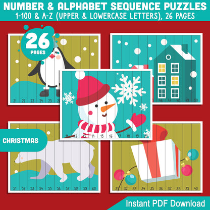 Engaging Christmas Number & Alphabet Sequence Puzzles: 1-100 & A-Z PDF for Toddlers, Preschool, and Kindergarten, Great for Early Math Skills