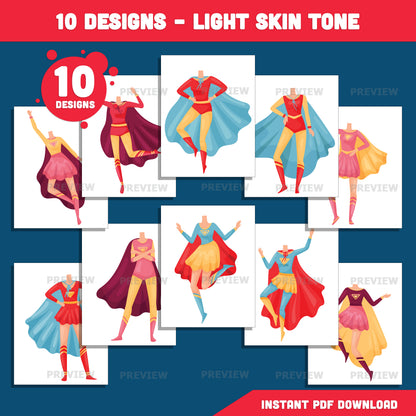 Female Superhero Body Cutouts – Create Your Own Heroine Add Your Face Crafts, 10 Unique Designs Light + Dark Skin Tone, Coloring Version Included, PDF + PNG