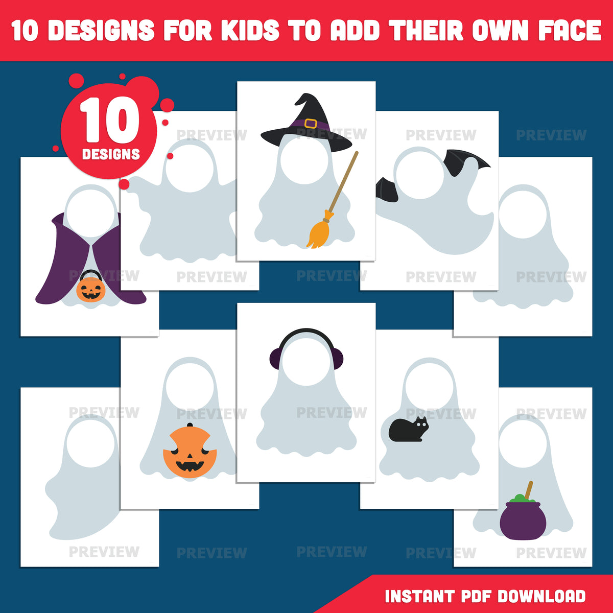 Ghost Templates, Halloween Craft for Kids, Add Your Own Face Activity, 10 Unique Designs, PDF + PNG Files, Coloring Version Included, 300 DPI, A4
