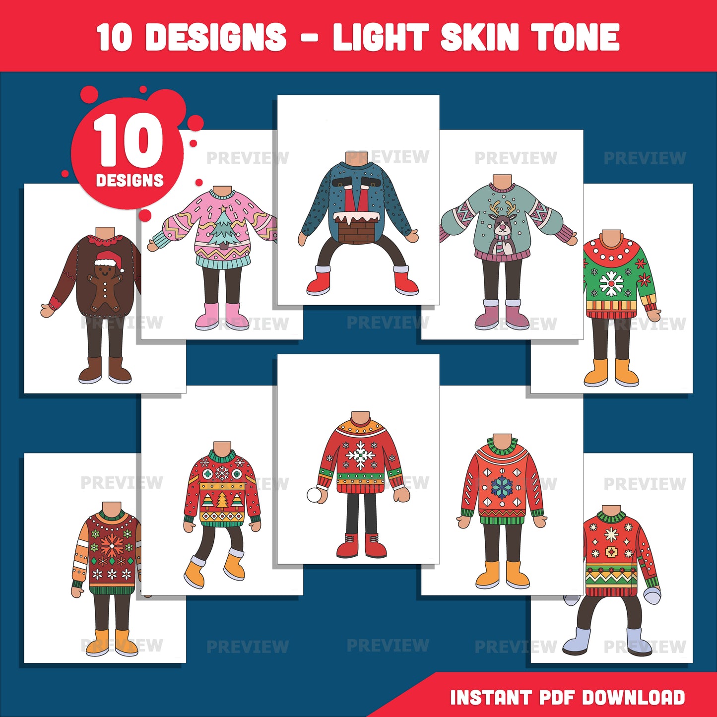 Christmas Sweater Body Templates – Ugly Sweater Add Your Face Craft for Kids, Winter Classroom Craft, Coloring Version Included