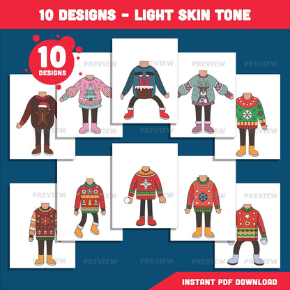 Christmas Sweater Body Templates – Ugly Sweater Add Your Face Craft for Kids, Winter Classroom Craft, Coloring Version Included