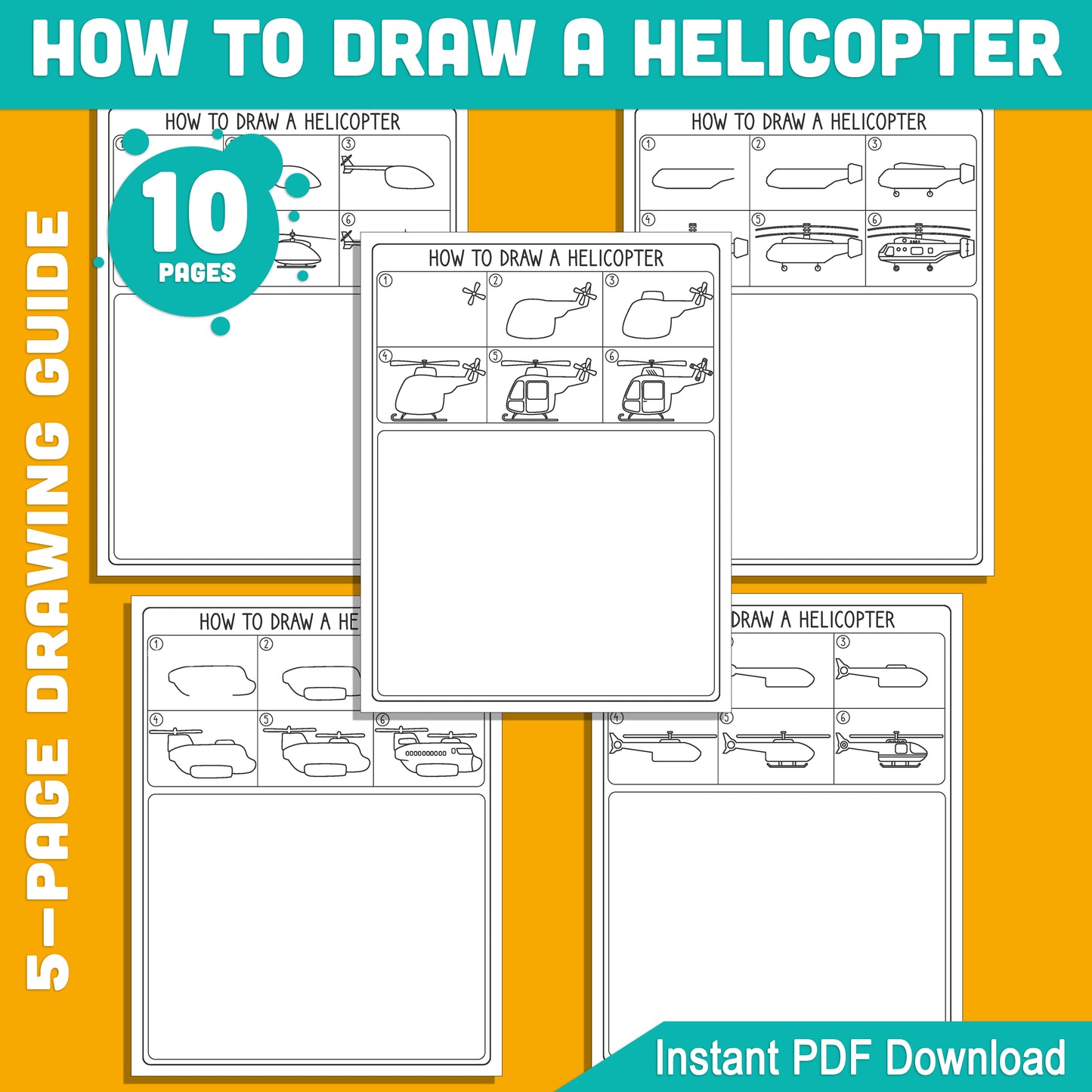 Learn How to Draw a Helicopter for Kids: Step-by-Step 5-Page Drawing Tutorial with 5 Fun Coloring Pages, Encouraging Creative Skills, PDF Download!