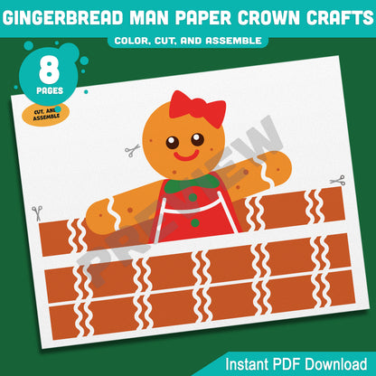 Printable Gingerbread Man Paper Crown Crafts, Christmas Hat and Headband Winter Craft, Holiday Party Paper Hat, Cut, Color & Assemble Activity, 4 Designs, Pre-color + Black & White