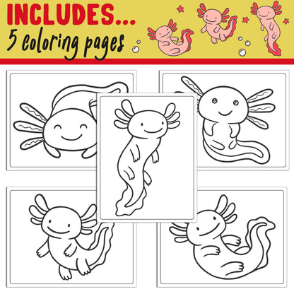 Learn How to Draw an Axolotl: Directed Drawing Step by Step Tutorial, Includes 5 Coloring Pages, PDF File, Instant Download.