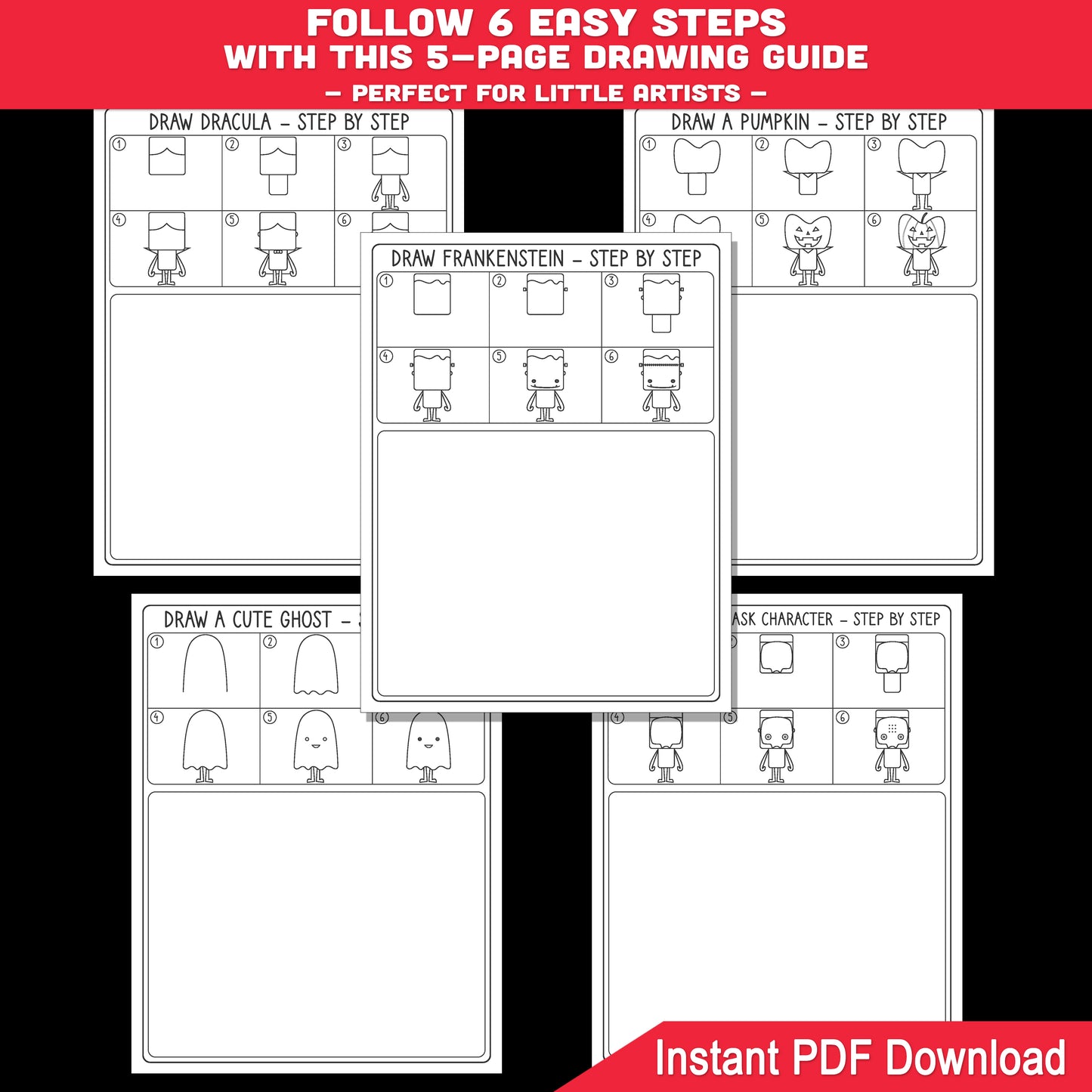 6-Step Halloween Drawing Tutorial Guide: Learn How to Draw Halloween Characters with Frankenstein, Dracula, Pumpkin, Ghost, Mask, 5 Coloring Pages