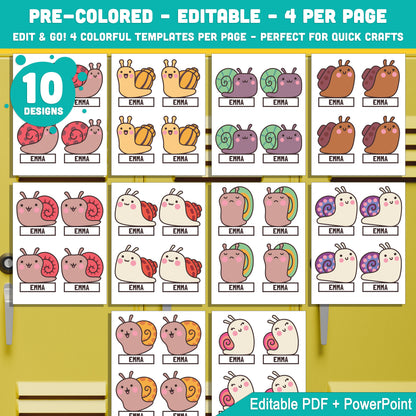 Snail Themed Editable Name Tags – 10 Locker & Cubby Label Designs, PDF + PowerPoint, Back to School Printable Set