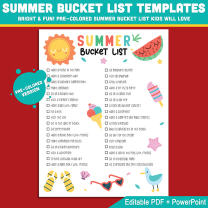 Editable Summer Break Checklist Printable – Fun Bucket List Template for Kids in PDF & PowerPoint with Coloring Options, Instant Download