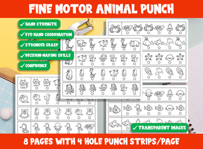 Fine Motor Animal Punch, Cute Animal Hole Punch Activities for Task Boxes & Tubs, 8 Pages, 4 Strips/Page, PDF File, Instant Download.