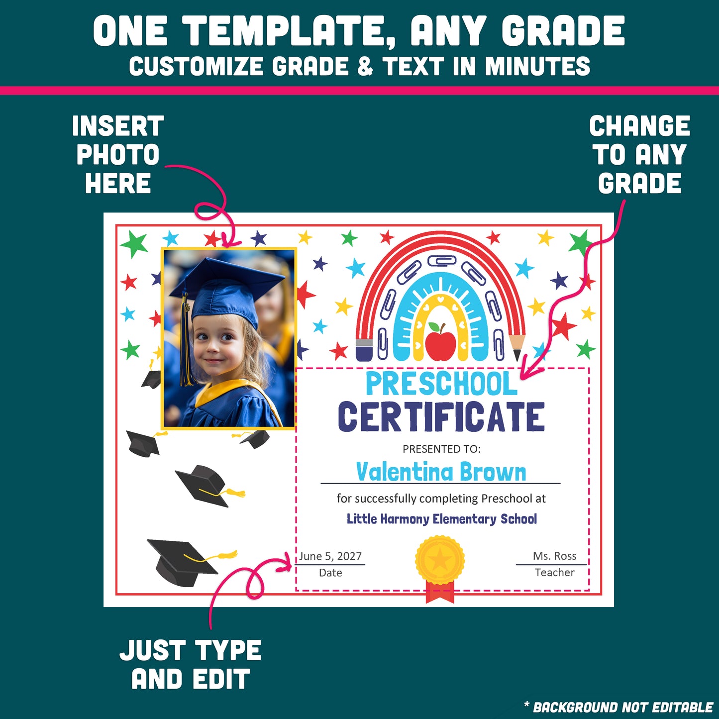 Editable Graduation Certificate Templates, Student Keepsake Awards with Photo and No-Photo Versions, PDF and PowerPoint