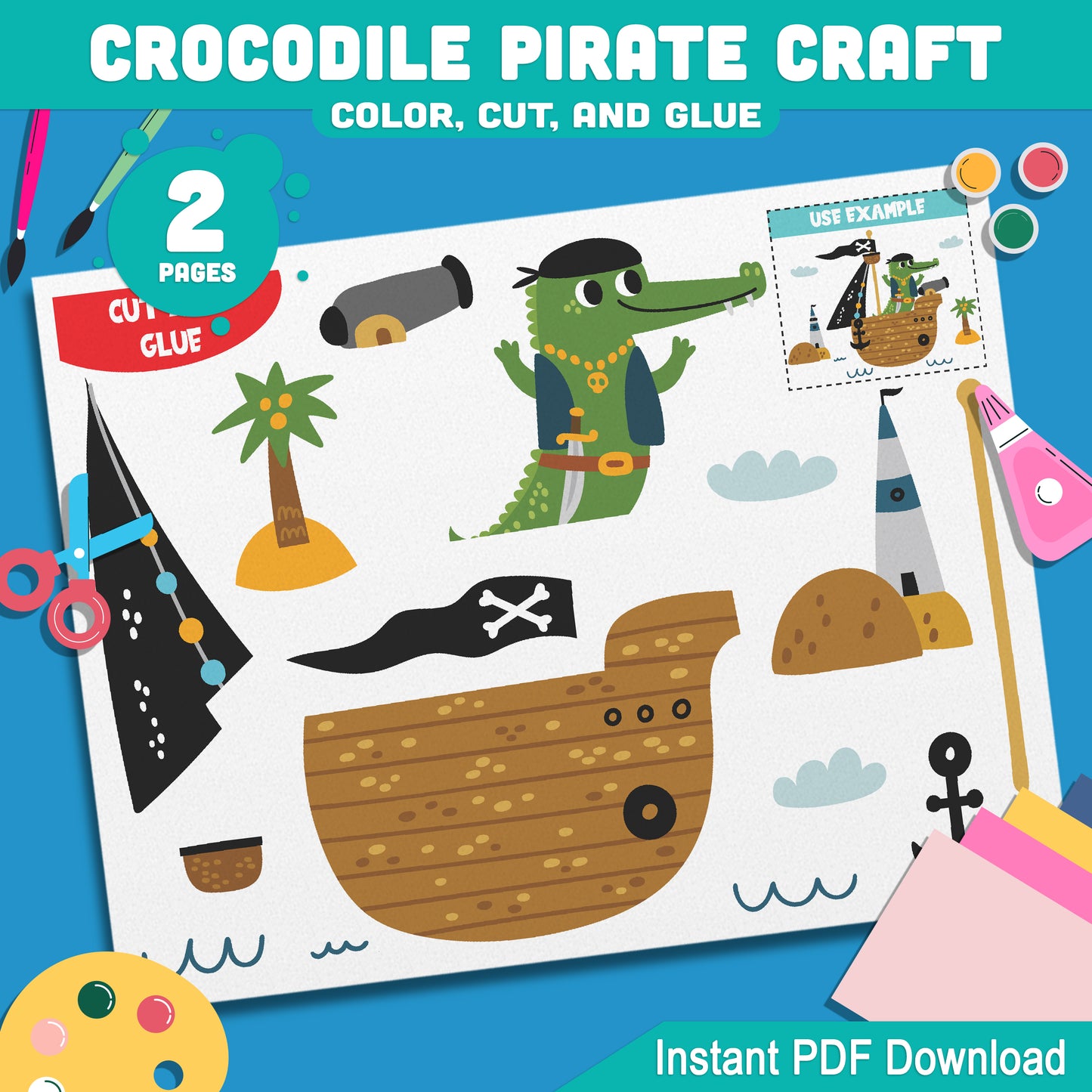 Crocodile Pirate Craft for Kids: DIY Color, Cut & Glue Art Activity for Creative Fun, Encouraging Imagination & Learning, Instant Download Available